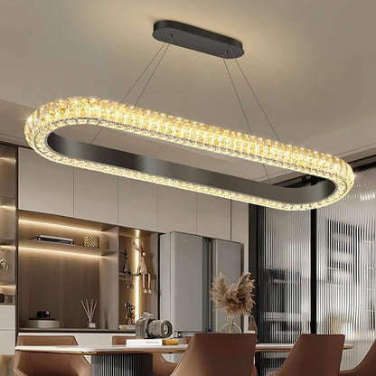 40'' Oval Ring Crystal Chandelier Modern LED Dimmable Ring Pendant Light Chandelier for Dining Room Living Room Black