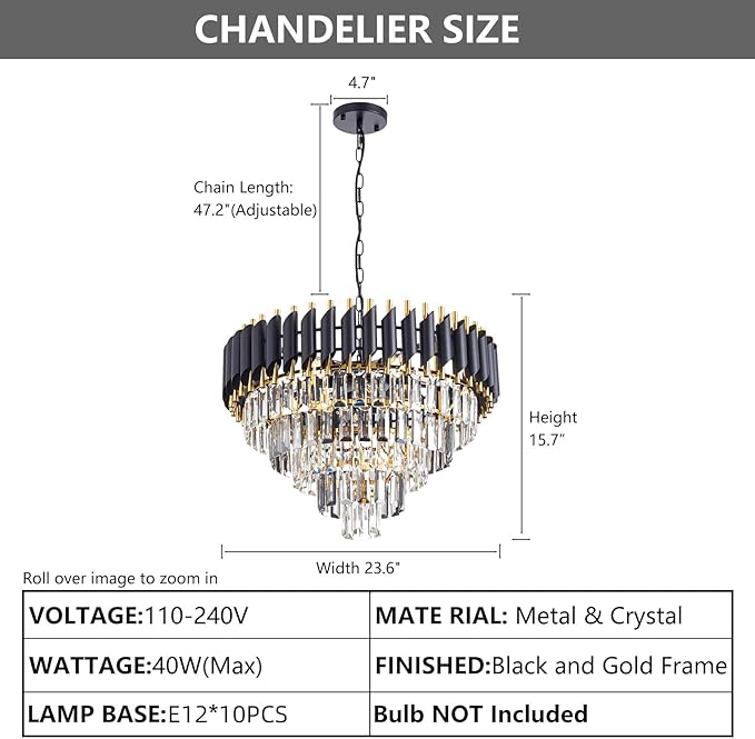 Large Crystal Chandelier 24Inch Dining Room Light Fixtures 5 Tiers Flush Mount Smoke Grey and Gold Chandelier 10 Lights Round Large Chandeliers for Dining Room