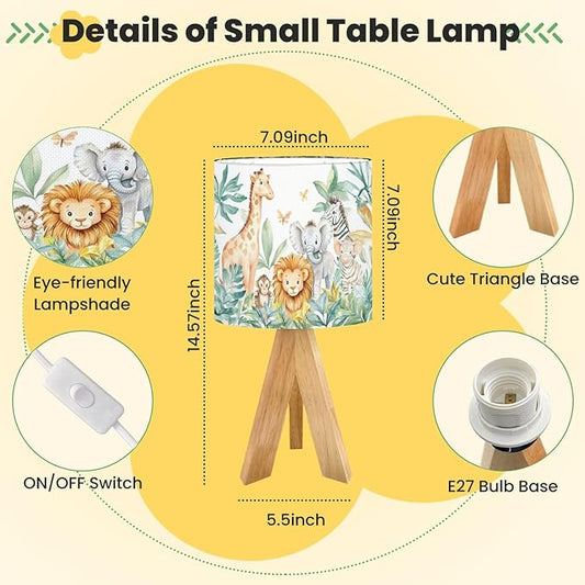 Cute Kids Bedside Desk Table Lamp Watercolor Jungle Animal Forest Lion Monkey Giraffe Zebra Lion Cub Children Nightstand Lamp, Tripod Small Night Lights Linen for Nursery Room Bedroom Dorm Decor