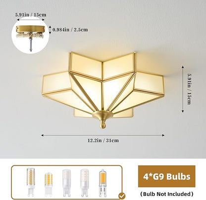 Star Brass Glass Ceiling Light - Small 12 Inch Gold Milk Flush Mount Fixture - Unique Art Deco Vintage Modern Lighting Lights for Bedroom Dining Foyer Entryway Hall Hallway Outdoor Porch