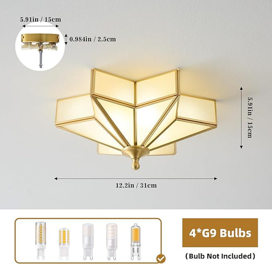 Star Brass Glass Ceiling Light - Small 12 Inch Gold Milk Flush Mount Fixture - Unique Art Deco Vintage Modern Lighting Lights for Bedroom Dining Foyer Entryway Hall Hallway Outdoor Porch