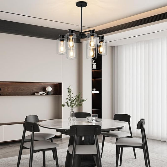 6-Light Modern Black Chandelier Farmhouse Dining Room Light Fixture with Clear Glass Shade Hanging Ceiling Pendant Lighting for Kitchen Island Living Room Hallway