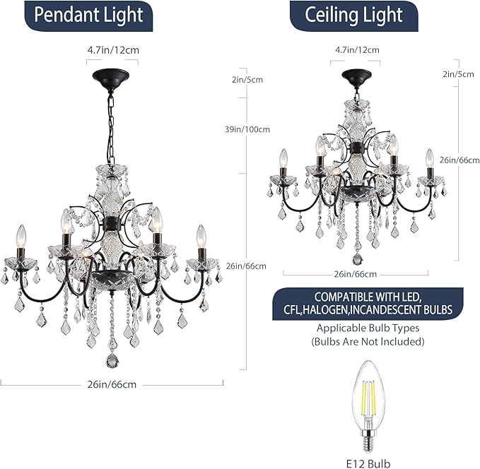 Bestier Black Finish Elegent Crystal Candle Candelabra Chandelier 6 Light Lighting Fixture LED Pendant Ceiling Light Dia 26 in x H 26 in