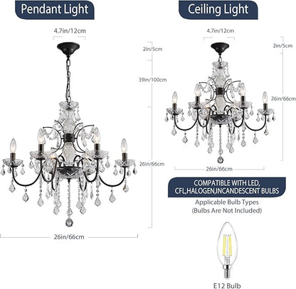 Bestier Black Finish Elegent Crystal Candle Candelabra Chandelier 6 Light Lighting Fixture LED Pendant Ceiling Light Dia 26 in x H 26 in