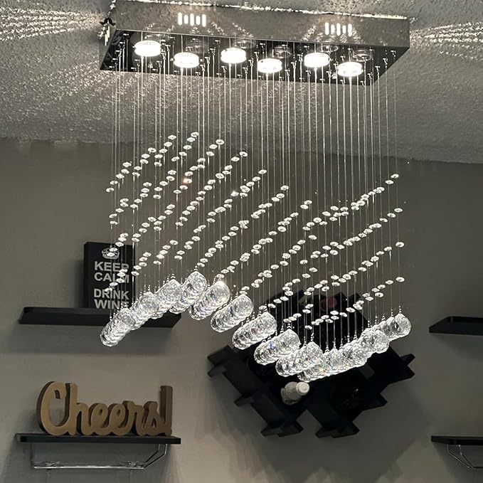 Modern Wave Chandelier, Rectangular Crystal Raindrop Chandelier Flush Mount Pendant Lighting Chrome Ceiling Light Fixture for Dining, Living Room, Kitchen Island, Bedroom of CRYSTOP