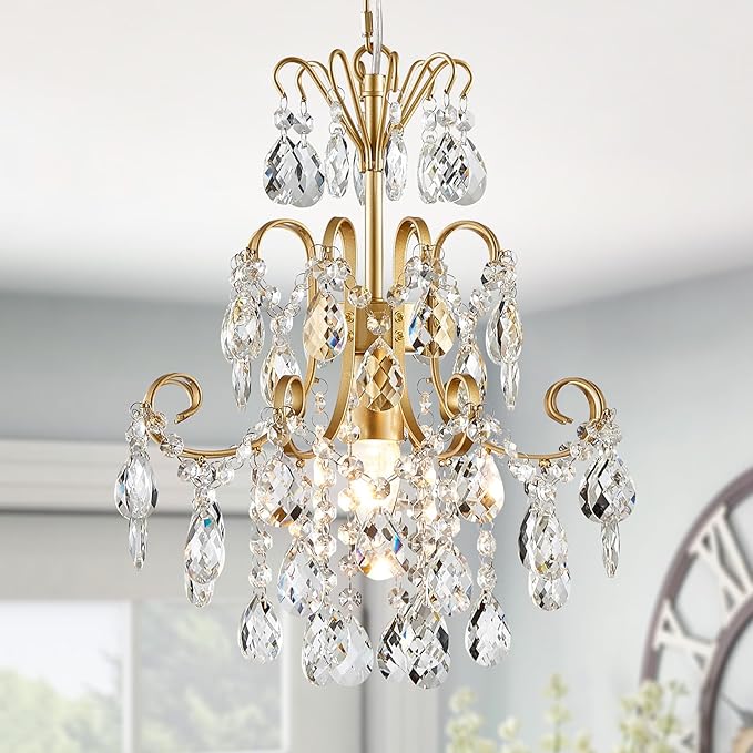 WUZUPS Crystal Chandelier 1-Light Pendant Ceiling Light Modern Lighting Fixture for Bedroom Hallway Bar Kitchen Bathroom, H 15.7" x W 13.8", E12 Base, Gold
