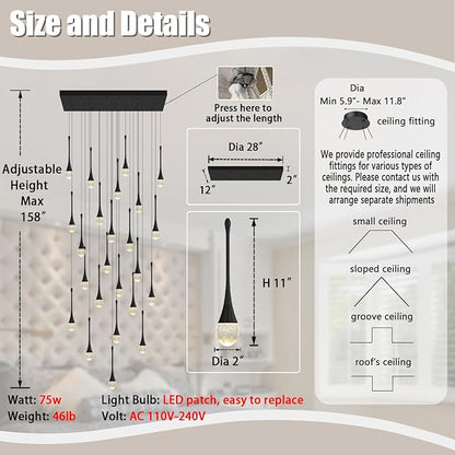 ykolupty 24-Lights Rectangular Chandelier Crystal Raindrop Chandeliers Flush Mount Ceiling Light for Dining Room Living Room High Ceiling Chandelier for Staircase Foyer Entryway Black Chandeliers