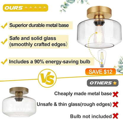 Industrial Semi Flush Mount Ceiling Light Brushed Gold, 800 Lumen LED Bulb Included, Clear Glass Shade Ceiling Light Fixture, Light Fixture for Hallway Bathroom Bedroom, Vintage Hanging Light Fixtures
