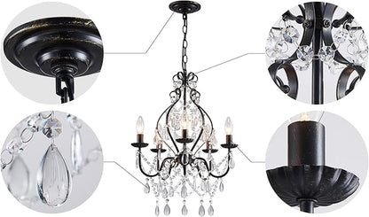 Saint Mossi 5-Lights Crystal Chandelier, Farmhouse Pendant Light Fixtures, H24 x D17,Chain Adjustable Max 59", Black Finish