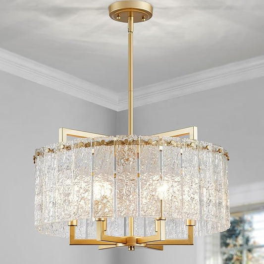 Shrine Lighting Crystal Chandeliers, Modern Luxury Style, Perfect Pendant Light Fixture for Living Space, D20'' × H4'', Adjustable 43'', 6 x E12 Sockets, Glass Shade & Brass Finish Frame