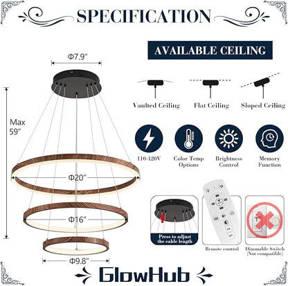 GlowHub 3-Rings Modern LED Chandelier, Wood Grain Round Dimmable Pendant Lighting with Remote Control Circular Hanging Light High Ceiling for Dining Room Kitchen Foyer, 3000K-6500K D20’’