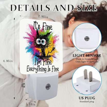 l'm Fine Black Cat Night Light, Plug-into Wall Everything is Fine Nightlight Lamp with Dusk to Dawn Sensor, Led Lamp 0.5W Energy Efficient for Boys Girls Adults Home Decor