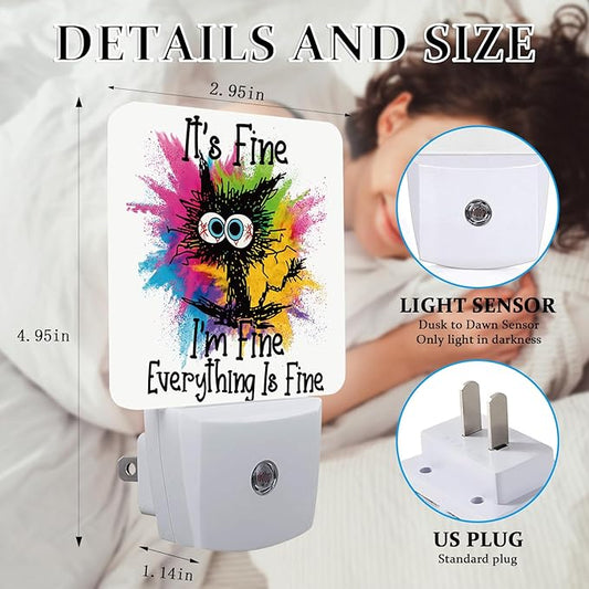 l'm Fine Black Cat Night Light, Plug-into Wall Everything is Fine Nightlight Lamp with Dusk to Dawn Sensor, Led Lamp 0.5W Energy Efficient for Boys Girls Adults Home Decor