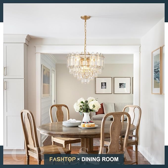 20" Gold Crystal Chandelier Modern 9-Light Luxury Chandelier Light Fixtures 5 Tiers K9 Crystal Round Lighting for Dining Room Bedroom Kitchen Island Living Room Foyer Entryway, E12