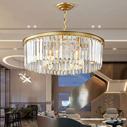 Gold Modern Crystal Chandelier, 2-Tier Round Flush Mount Ceiling Light Fixtures Height Adjustable Pendant Lighting for Dining Room Living Room Bedroom Kitchen Hotel Foyer
