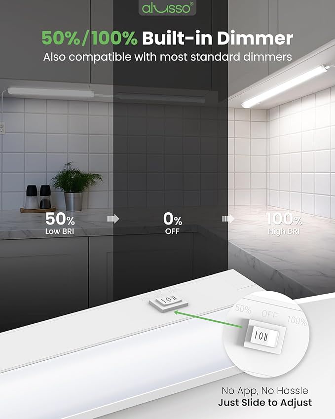 ALUSSO 18 Inch LED Under Cabinet Lighting Plug in 120V, 5CCT Color Selectable 2700K-5000K Dimmable 10W 800LM High Brightness, CRI 90+ Strip Linkable Under Counter Lights for Kitchen Sink, 1 Pack