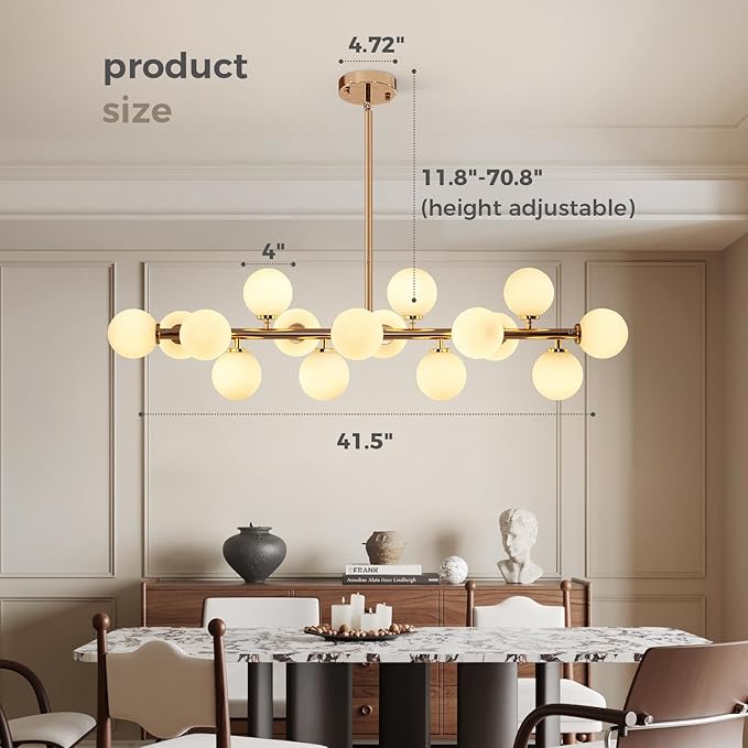 Grey Linear Chandelier, Modern Sputnik Ceiling Fixture with Adjustable Height & Dimmable Glass Shades for Dining Room, Office, Mid-Century Design