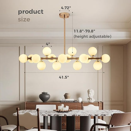 Grey Linear Chandelier, Modern Sputnik Ceiling Fixture with Adjustable Height & Dimmable Glass Shades for Dining Room, Office, Mid-Century Design