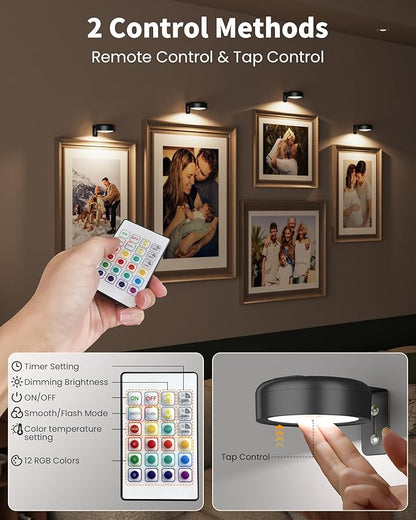 Picture Lights for Wall,Wireless 2000mAh Rechargeable Magnetic LED Puck Lights with Remote,3 Color Temps and 12 RGB,Dimming & Timer,Art Frame Light for Painting Display,Photos,Wall Decor(6 Pack)