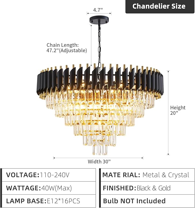 Modern Crystal Chandeliers 6 Tiers 30" Round Extra Large for Dining Room 16-Light Black and Gold Chandelier Living Room Round Contemporary Ceiling Hanging Light