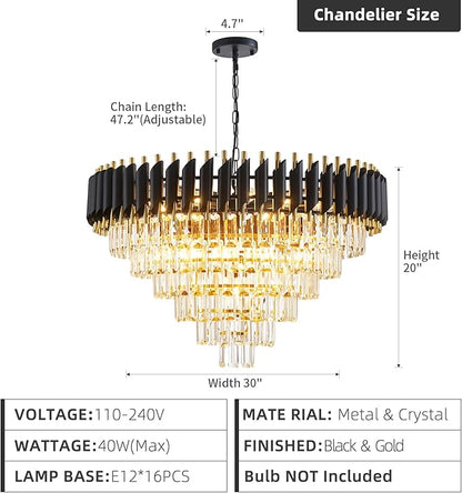 Modern Crystal Chandeliers 6 Tiers 30" Round Extra Large for Dining Room 16-Light Black and Gold Chandelier Living Room Round Contemporary Ceiling Hanging Light