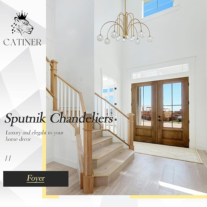 CATINER Gold Sputnik Chandeliers 12 Lights Modern Chandelier Large L52”Mid Century Ceiling Pendant Light Fixtures with Clear Glass Globe Shades for High Ceiling Living Dining Room Foyer Staircase