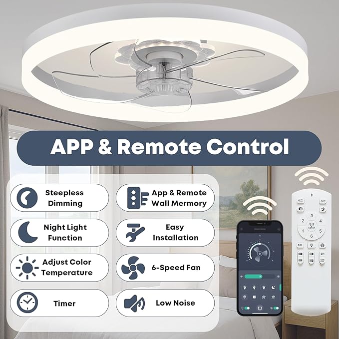 Fszdorj 23.6'' Ceiling Fan with Light, Upgraded Low Profile Fan, Flush Mount Ceiling Fan, 6 Speeds, Dimmable LED, App & Remote Control, Quiet DC Motor, for Bedroom, Living Room, F115 White