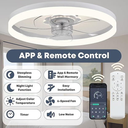Fszdorj 23.6'' Ceiling Fan with Light, Upgraded Low Profile Fan, Flush Mount Ceiling Fan, 6 Speeds, Dimmable LED, App & Remote Control, Quiet DC Motor, for Bedroom, Living Room, F115 White