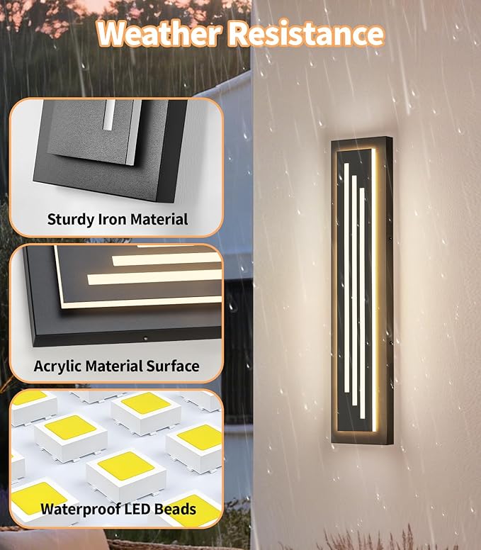 tewei 23.6'' Outdoor Wall Lights Modern Black LED Outdoor Wall Sconce, Large Long Exterior Lighting Fixtures, 3000K Waterproof Front Porch Lights Outside Lights for House, Garage, Indoor, 1 Pack