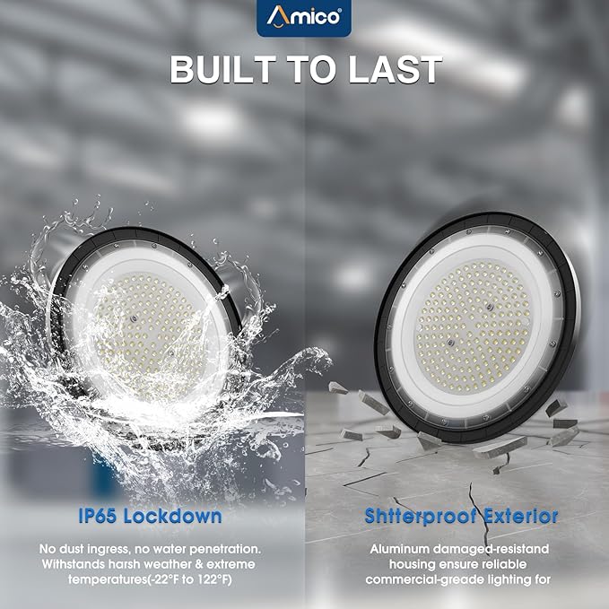 Amico UFO LED High Bay Light 150W 21000lm 5000K High Bay LED Shop Lights for Workshop Warehouse Barn with UL Listed US Hook 5' Cable Alternative to 650W MH/HPS for Commercial Lighting Fixture - 6 Pack