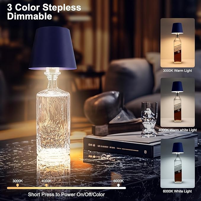 2 Pack Wireless Bottle Lamp,3 Color Rechargeable Wine Bottle Lights for Bars Restaurants (Dark Blue,2pcs)