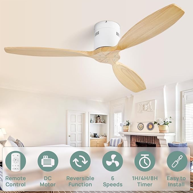 Sofucor 52'' Low Profile Ceiling Fan Remote Control without Lights,Wood Flush Mount White Ceiling Fans no light, Modern Ceiling Fan Reversible DC for Bedroom,Farmhouse,Living Dining Room,Kitchen