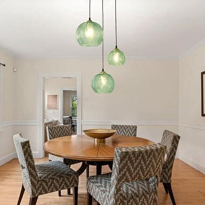 3-Light Glass Globe Light for Kitchen Island, Mid-Century Modern Pendant Ball Chandelier with Green Ribbed Lampshade, Vintage Hanging Ceiling Light Fixture for Dining Room, Over Sink, Table