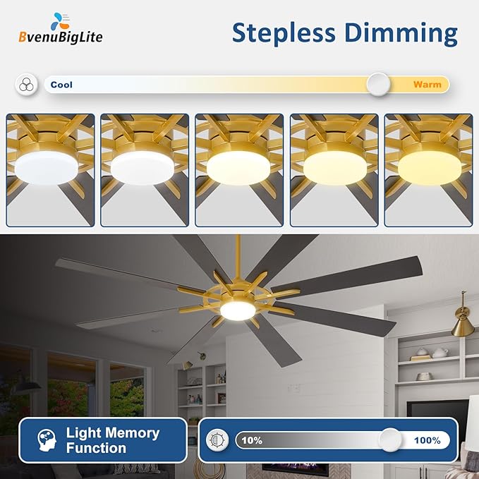 Large Ceiling Fans with Lights: Modern 72 Inch 8 Blade Outdoor Ceiling Fan with Remote APP Control - Dimmable Black Gold Big Fan light Indoor Reversible 6 Speed Quiet DC Motor
