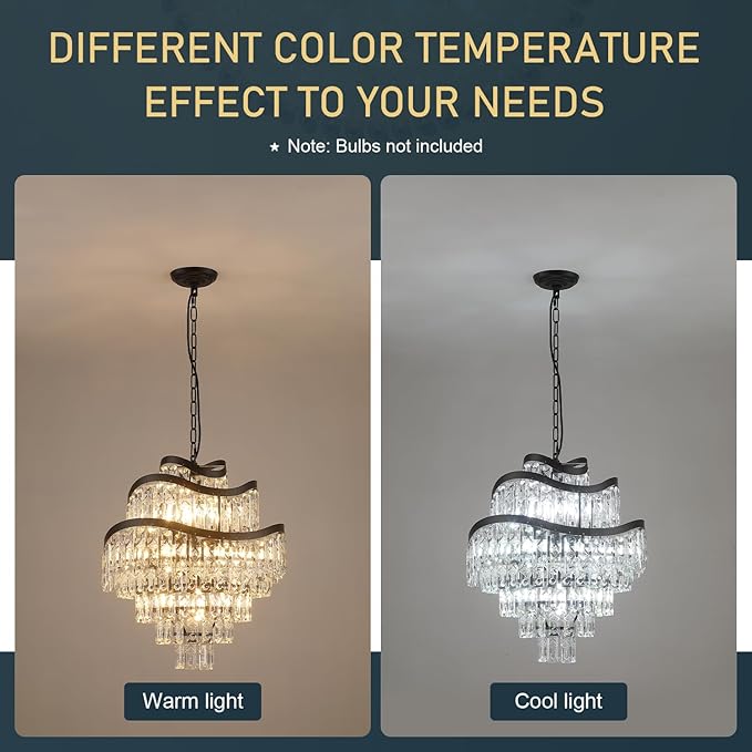 7-Tier 12 Lights Black Crystal Chandelier 20" Modern K9 Crystal Pendant Chandelier Light Fixture Luxury for Living Room Dining Room Bedroom Kitchen Foyer Entryway, E12