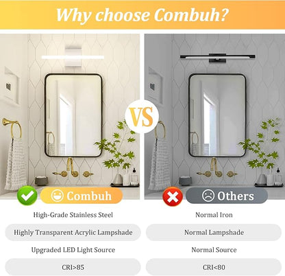 Combuh Modern Bathroom Vanity Light Fixtures Above Mirror Soft Shadow Free Lighting, 16 Inch 9W Small Space Sink Wall Lamp Bars Restroom Lámparas para Baños Sobre Espejo Chrome Natural White 4000K