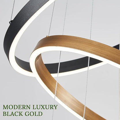 LED 5-Ring Chandelier Modern Vintage Gold Chandelier with Remote Control High Ceiling Foyer Chandeliers Light Brass Circle Round Chandeliers for Living Room Entry Motel,100W