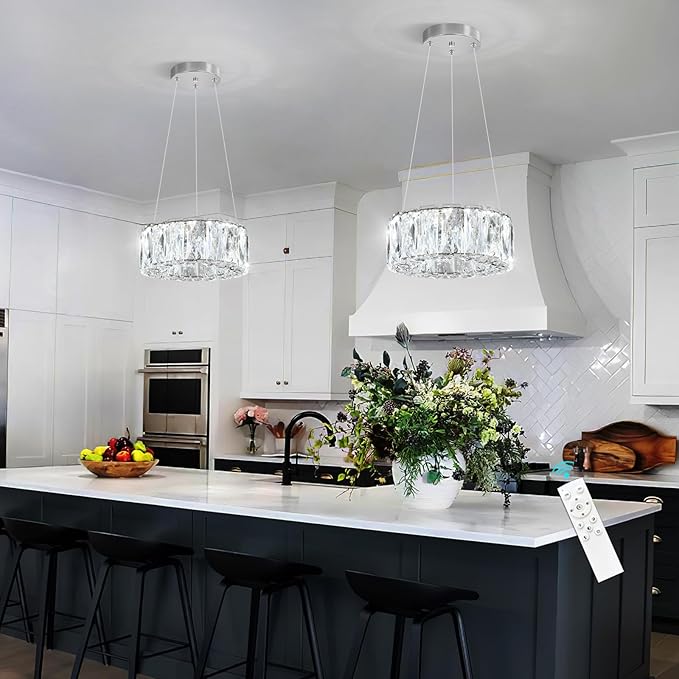 HAIXIANG Modern Crystal Chandelier Dimmable LED 8 Inch Ring Pendant Lights Adjustable Glam Chandeliers Lighting Fixtures for Dining Room Living Room Bedroom Silver Light