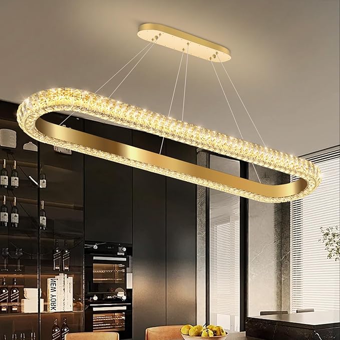 47'' Oval Ring Crystal Chandelier Modern LED Dimmable Ring Pendant Light Chandelier for Dining Room Living Room Gold