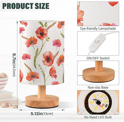Bedside Table Lamp Retro Poppy Nightstand Lamp with Wood Floral Flower Leaves Desk Lamps for Bedroom Living Room Nursery Office Home Decor