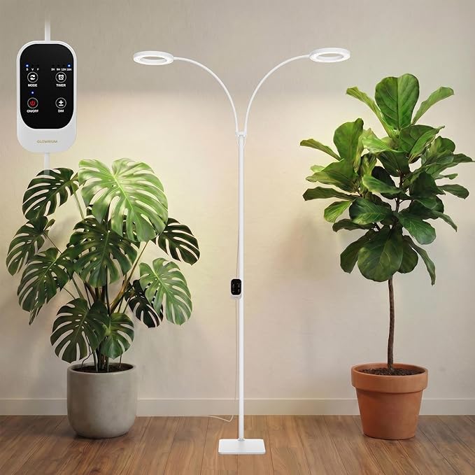 GLOWRIUM Grow Lights for Indoor Plants, 36W Full Spectrum 2-Head LED Plant Light with Stand, Adjustable Height, 3/9/12H Timer, 6 Dimmable Levels & 3 Lighting Modes (White-Double Head)