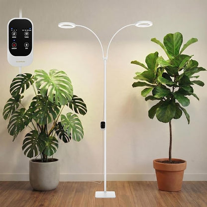 GLOWRIUM Grow Lights for Indoor Plants, 36W Full Spectrum 2-Head LED Plant Light with Stand, Adjustable Height, 3/9/12H Timer, 6 Dimmable Levels & 3 Lighting Modes (White-Double Head)