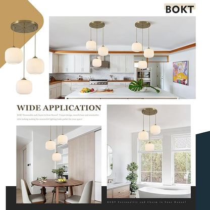 BOKT White Pendant Lights Kitchen Island 3 Light Globe Cluster Pendant Light Large Ribbed Glass Cluster Chandelier Gold Vintage Adjustable Hanging Light Fixture for Sink Dining Room
