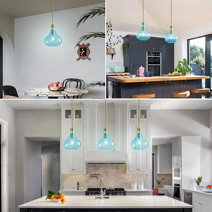 Modern Glass Pendant Light 9.44 in Light Blue Glass Shade Gold Farmhouse Island Pendant Lights for Kitchen Pendant Lighting Over Sink Bedroom Dining Room
