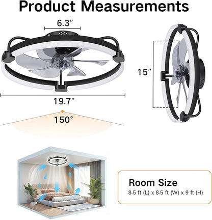 OUTON 20" Ceiling Fan with Light, Remote & App Control, Fandelier Low Profile Flush Mount Ceiling Fan with 3000K-6500K Stepless Dimmable, 6 Speed, Quiet DC Motor, Small Modern Ceiling Fans for Bedroom