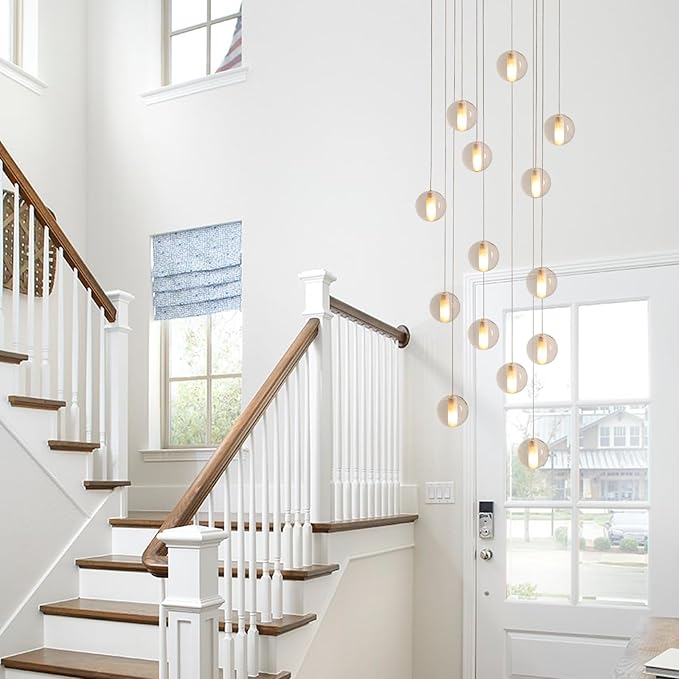 14 Lights Staircase Chandelier for High Ceiling, Dimmable Modern Crystal Raindrop Large Long Hanging Pendant Light for Stairwell Living Room Stair Foyer, Bulbs Included (Black Canopy)