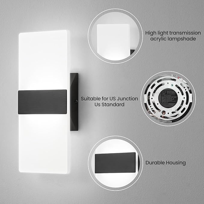 Modern LED Wall Sconces Set of Two, 12 Inch Indoor Dimmable Black Wall Lights, 12W 2700K-5000K Adjustable, Hardwired Acrylic Wall Sconces for Living Room Bedroom Bathroom Hallway, ETL
