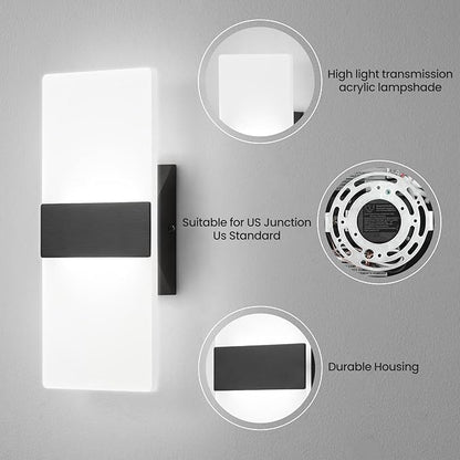 Modern LED Wall Sconces Set of Two, 12 Inch Indoor Dimmable Black Wall Lights, 12W 2700K-5000K Adjustable, Hardwired Acrylic Wall Sconces for Living Room Bedroom Bathroom Hallway, ETL