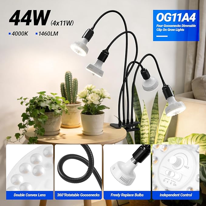 Barrina Orbgrow OG11A4 Clip On Grow Lights for Indoor Plants, Integrated Stepless Dimming & Timing, 4000K 44W(4 x 11W, 400 Watt Equiv), Full Spectrum 4-Gooseneck with E26 Plant Light Bulbs