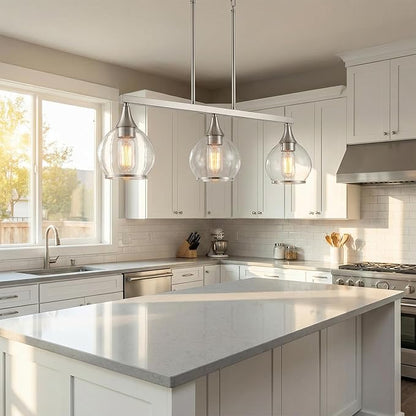 Kitchen Island Linear Pendant Light, 3-Light Modern Chandelier with Clear Glass Globe Shades, Linear Lighting Fixture Over Dining Table, Brushed Nickel